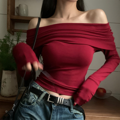 Pydshop Chic Women Sexy Off Shoulder T-shirt Winter Long Sleeve Slim Fit Crop Top Y2K Vintage Harajuku Black Tees Elegant Female Clothes