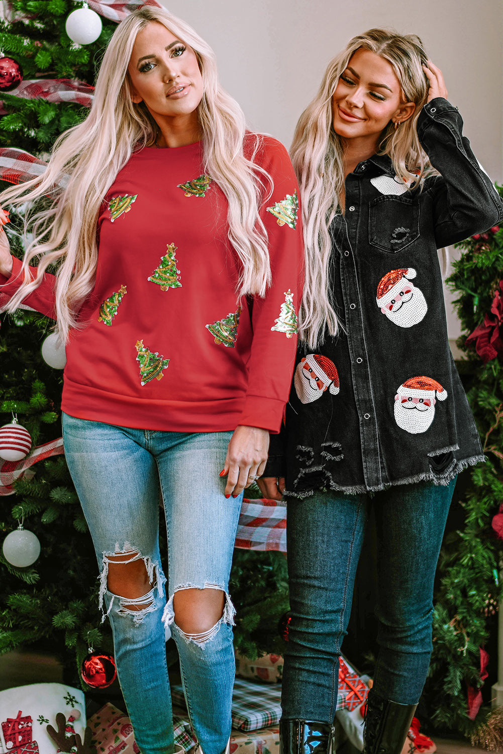 Fiery Red Sequined Christmas Tree Raglan Sleeve Sweatshirt