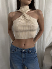 Pydshop Cross-Chest Off-shoulder Knitwear Vest Top For Women Summer Hot Girl Slim Sleeveless Twist Navel Short Top Y2K Pullover
