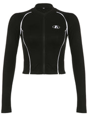 Pydshop Black Casual Stripe Stitch Zipper Top