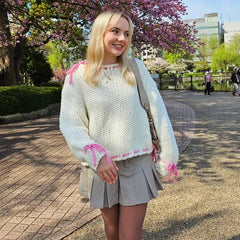 Pydshop Long Sleeve Loose Knitted Sweater For Women Contrast Color Drawstring Hollow Out Pullover Sweater Top Y2K Autumn NewChristmas Gifts
