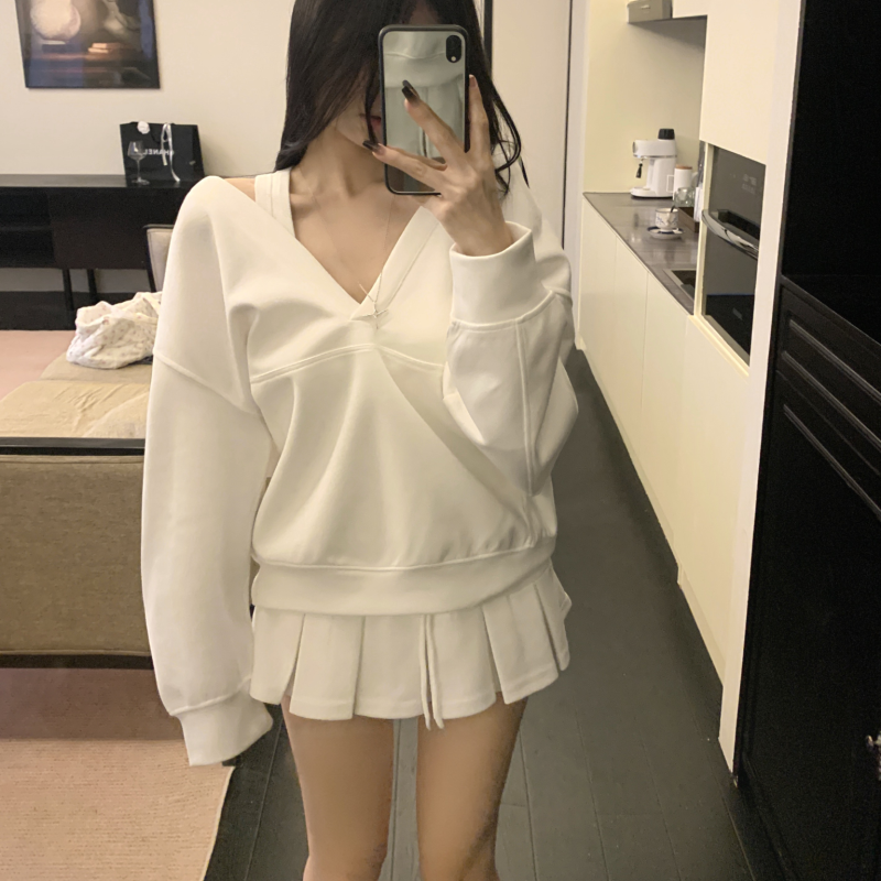 Pydshop Casual Hooded Pullover Top Women Y2K V-neck Hoodies Solid Harajuku Long Sleeve Hoodie Oversized Tops Female Loose Clothing