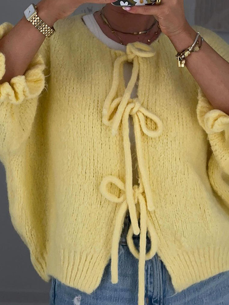 Pydshop Lace Up Knitted Cardigan Top For Women Sexy Cut Out Petal Sleeves Loose Sweater Outwear Female Solid Color Autumn FashionChristmas Gifts