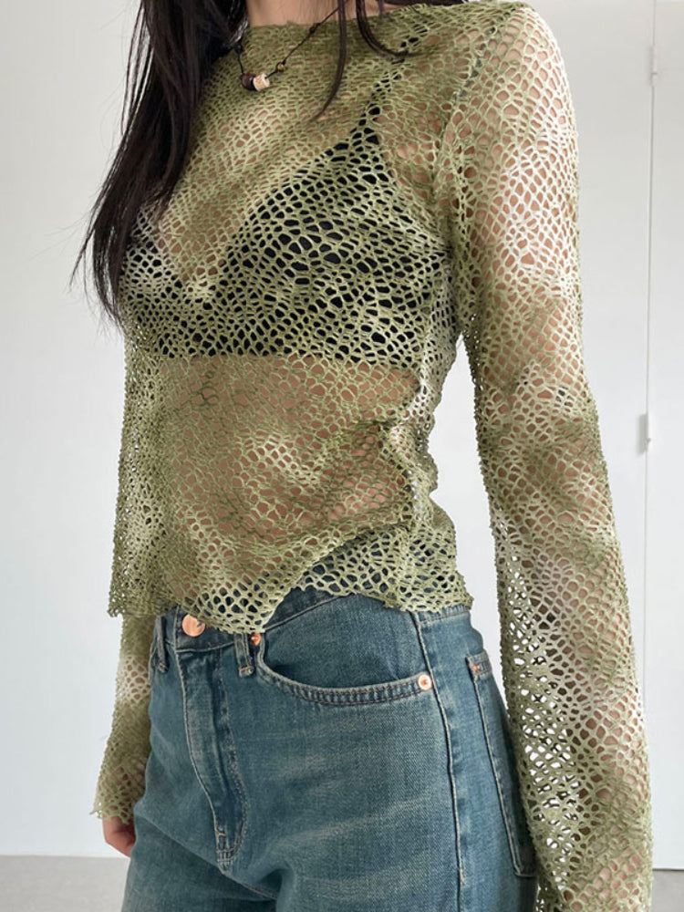 Pydshop Green Tie Dye Fishnet Long Sleeve Top