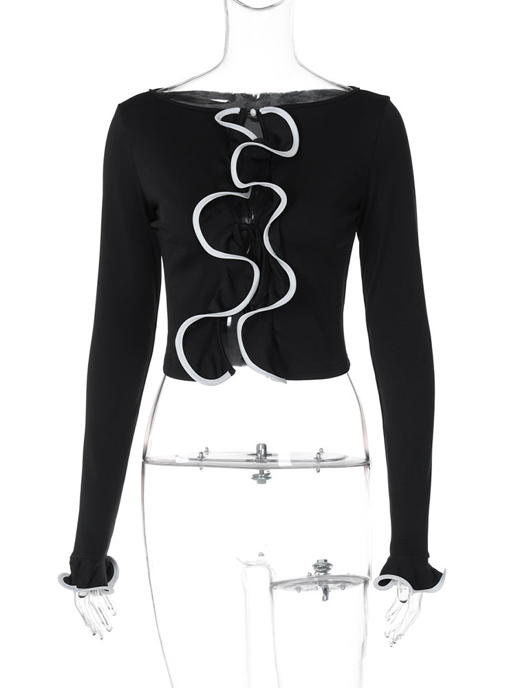 Pydshop Elegant Lace Up Cardigan Women's Navel Cut Out Sexy Long Sleeve Ruffled Short Hot Girl Slim Fit Outwear Top Fall FashionChristmas Gifts