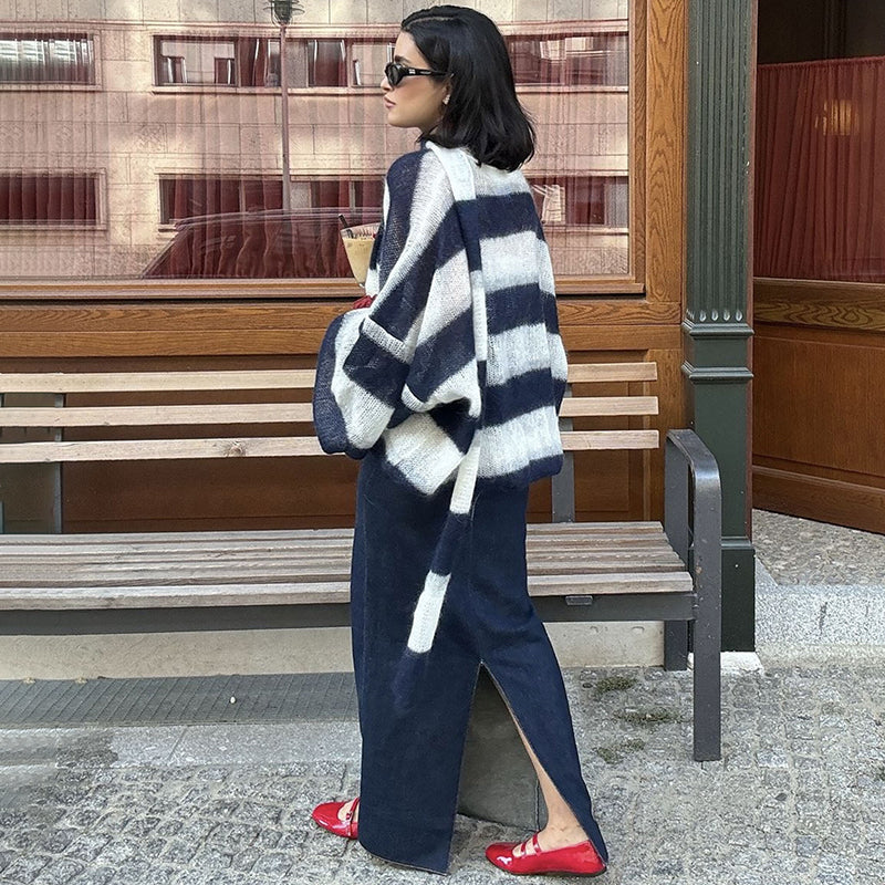 Pydshop Fashion Striped Sweater Cardigan With Scarf Female Loose Thin Hollow Knitted Top Lantern Sleeve Contrast Color Retro TopChristmas Gifts