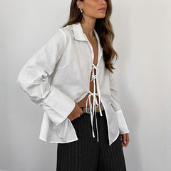 Pydshop Hollow Out Lace Up White Cotton Linen Shirt Women's Long Sleeve Loose Casual Sexy Lapel Cardigan Top Female Summer newChristmas Gifts