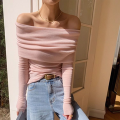 Pydshop Black Solid Off Shoulder Elegant Long Sleeve Tops Korean Fashion Slim Sexy Cropped T Shirt Women Autumn Y2k Clothing Skinny Top