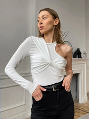 Pydshop Knitted Slinky Off-shoulder Slim T-Shirt Top For Women Long-Sleeved Twaist Patchwork White Casual Pullover Top 2024 New