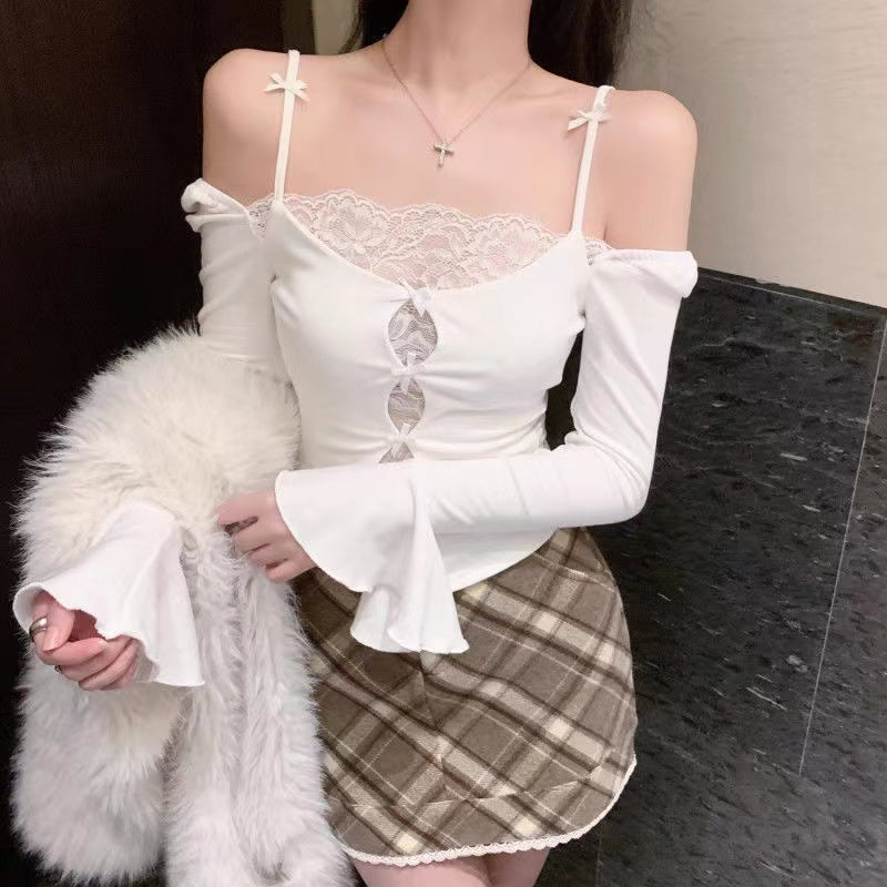 Pydshop Black Lace Stitched Off Shoulder Crop Top Hollow Out Sexy Skinny Long Sleeve T Shirts for Women Harajuku Y2k Autumn Tee Basic
