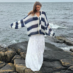 Pydshop Fashion Striped Sweater Cardigan With Scarf Female Loose Thin Hollow Knitted Top Lantern Sleeve Contrast Color Retro TopChristmas Gifts