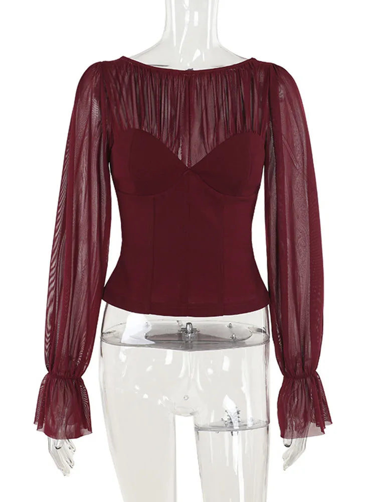 Pydshop Chiffon Lace Up Top Hot Girl New Sexy Mesh Patchwork Ruched T-shirt See Through Slim Pullovers Solid Fish Bones Slim TopChristmas Gifts