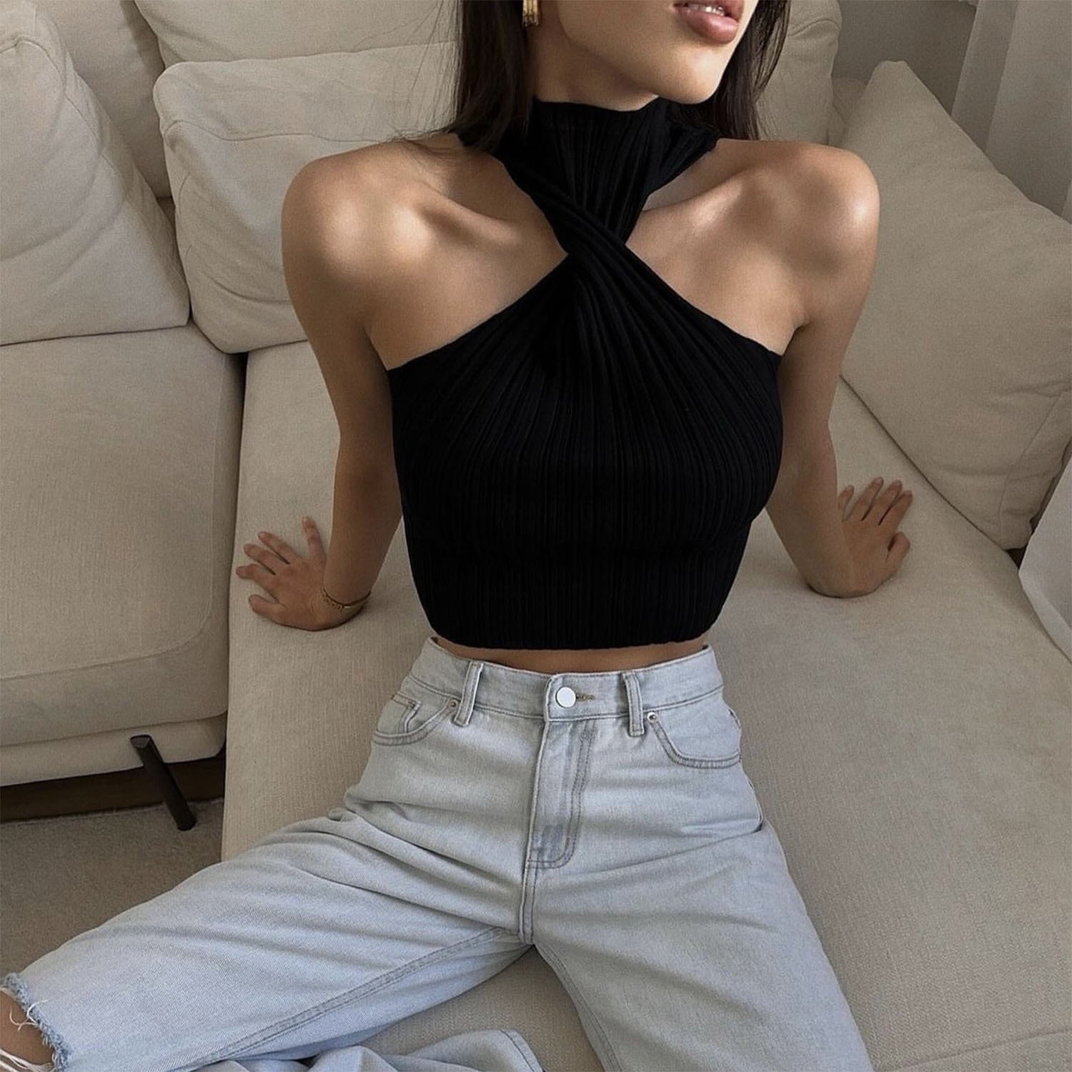 Pydshop Cross-Chest Off-shoulder Knitwear Vest Top For Women Summer Hot Girl Slim Sleeveless Twist Navel Short Top Y2K Pullover