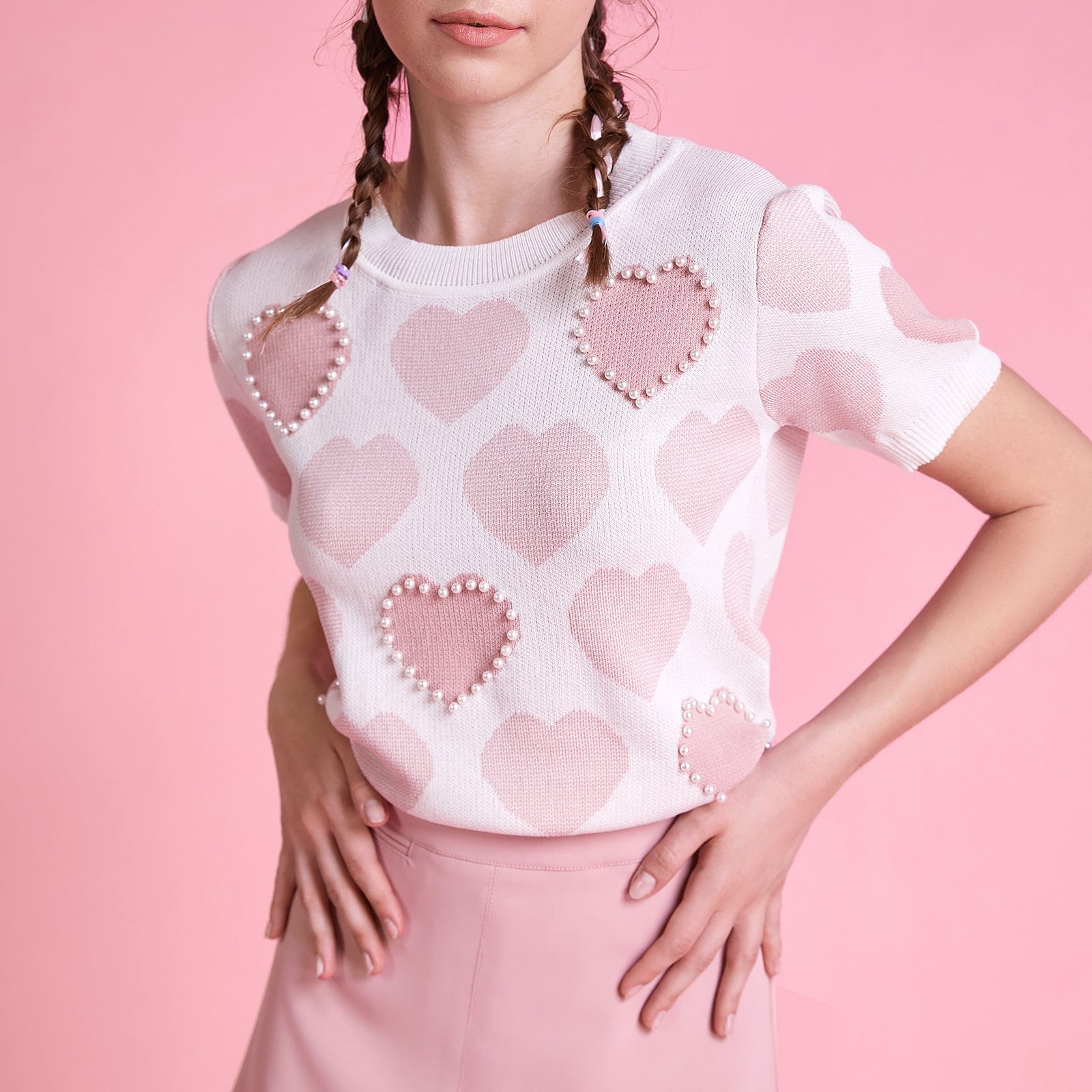 Pydshop Pink Heart Print Knitted Crop Top