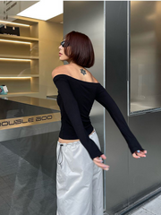 Pydshop Slim Slash Neck T-Shirt Langarm Damen Skinny Off Shoulder Tops Herbst Winter Streetwear Sexy Crop Top Weiblich 