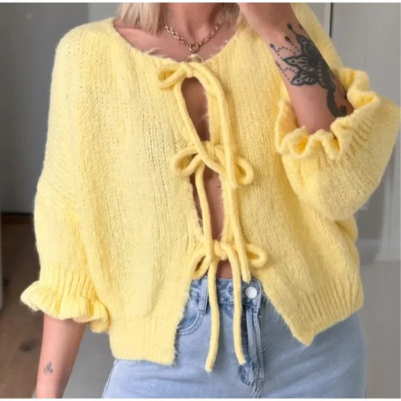 Pydshop Lace Up Knitted Cardigan Top For Women Sexy Cut Out Petal Sleeves Loose Sweater Outwear Female Solid Color Autumn FashionChristmas Gifts