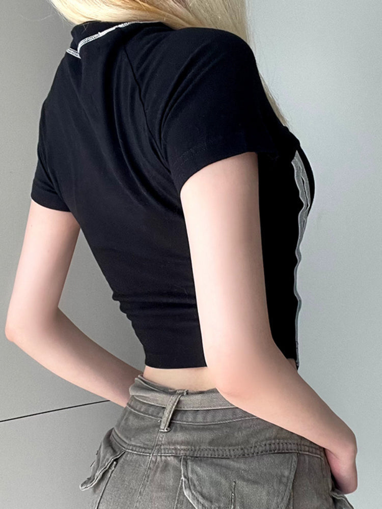 Pydshop Black Stripe Stitching Short Sleeve Top