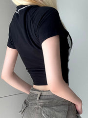 Pydshop Black Stripe Stitching Short Sleeve Top