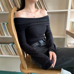 Pydshop Chic Women Sexy Off Shoulder T-shirt Winter Long Sleeve Slim Fit Crop Top Y2K Vintage Harajuku Black Tees Elegant Female Clothes