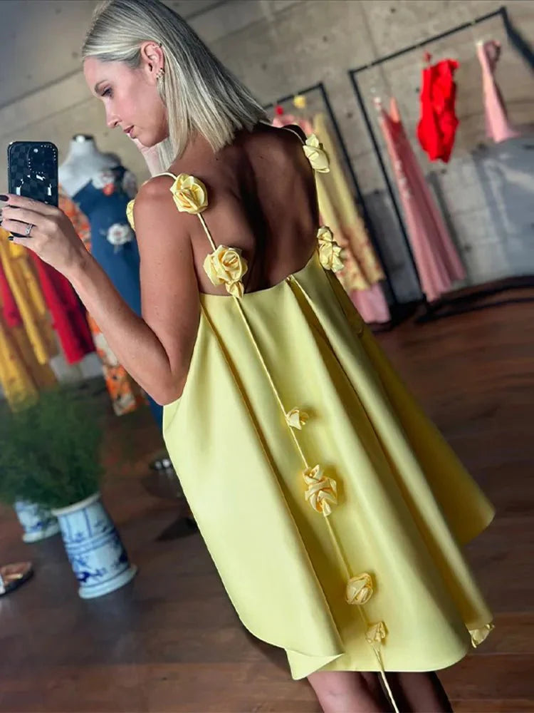 3D Floral Ribbon Halter Beach Dress