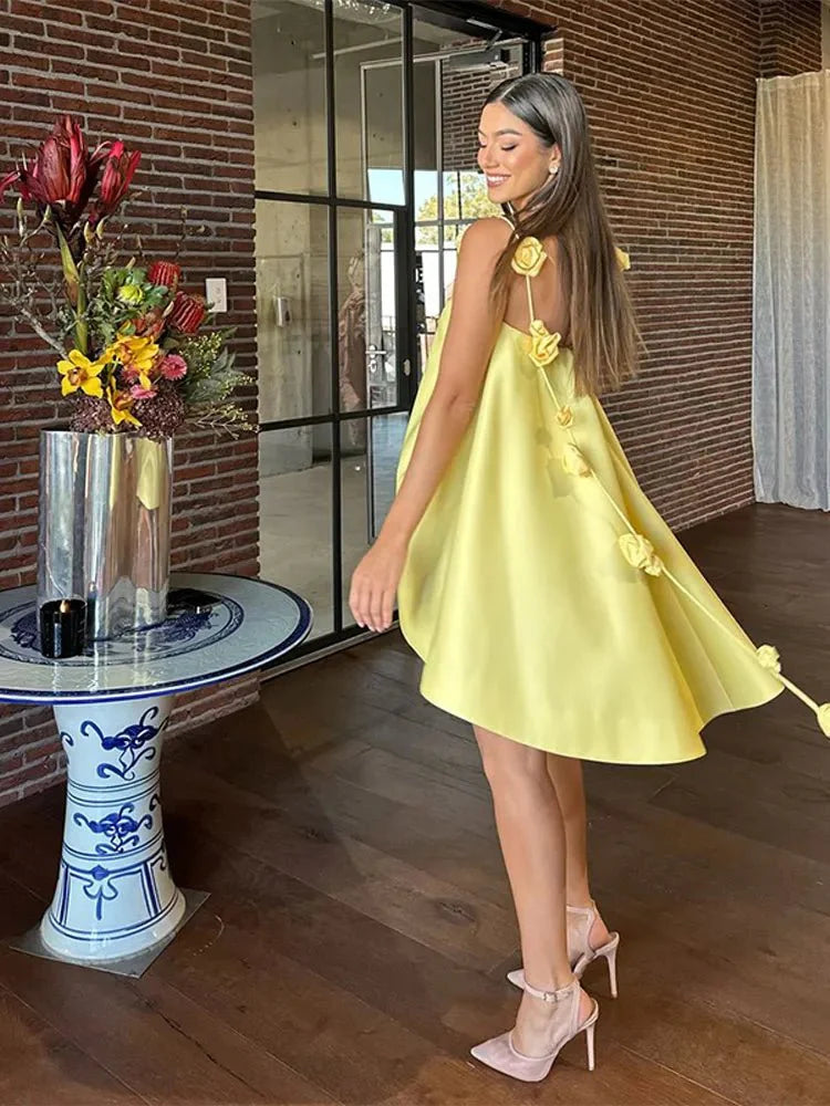 3D Floral Ribbon Halter Beach Dress