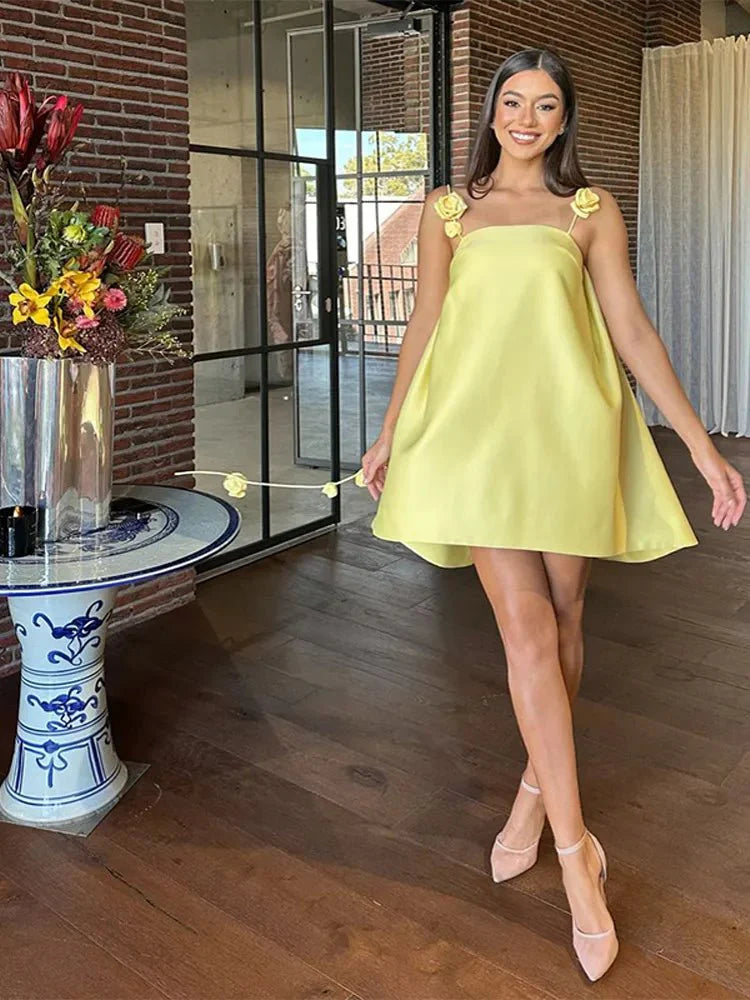 3D Floral Ribbon Halter Beach Dress