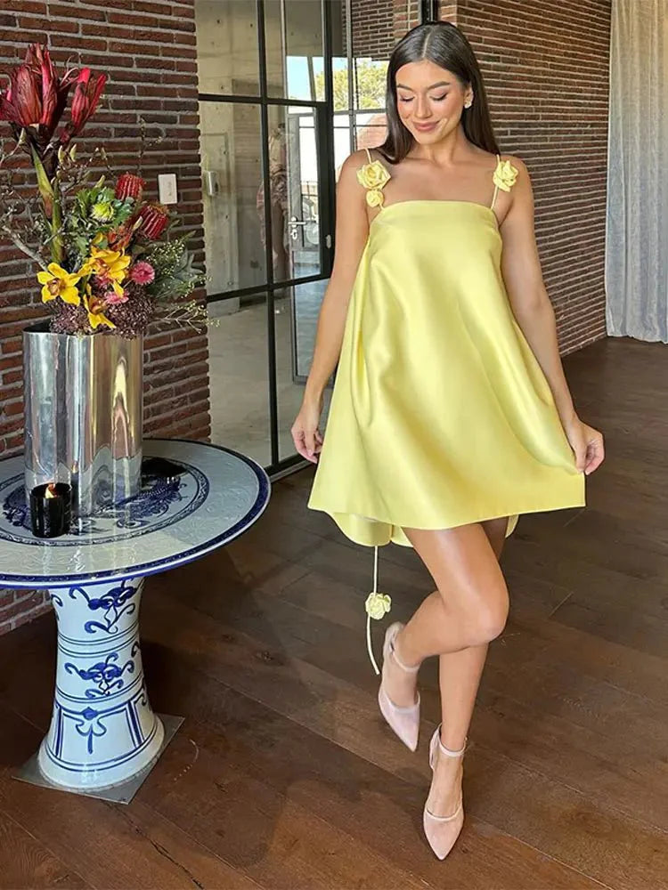3D Floral Ribbon Halter Beach Dress