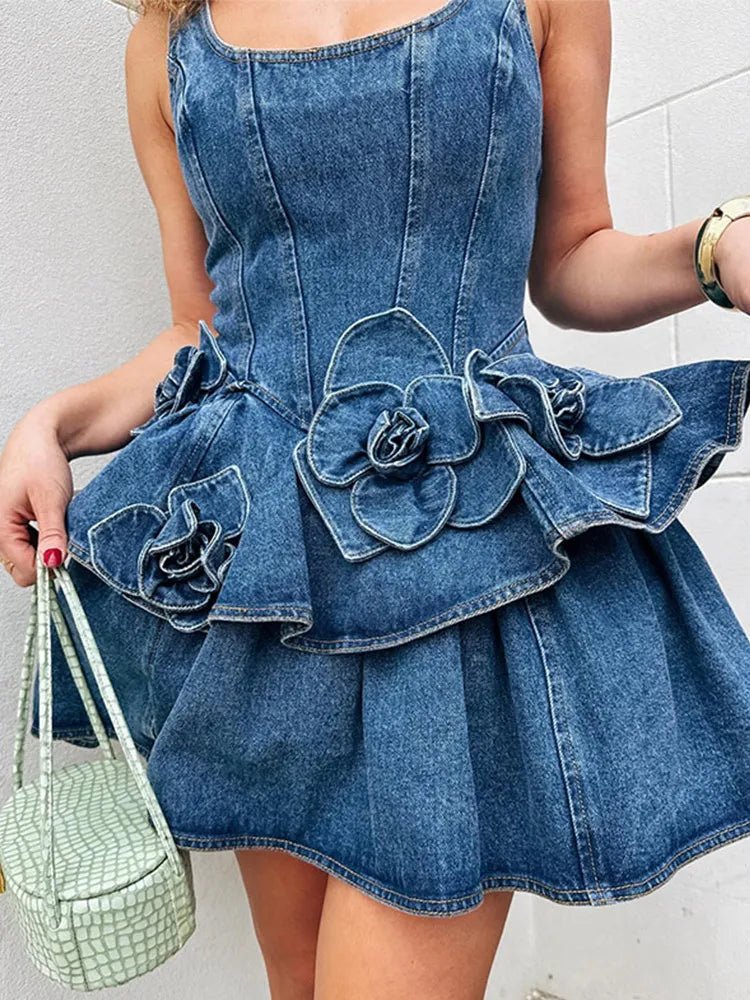 3D Flower Double-layer Denim Dress