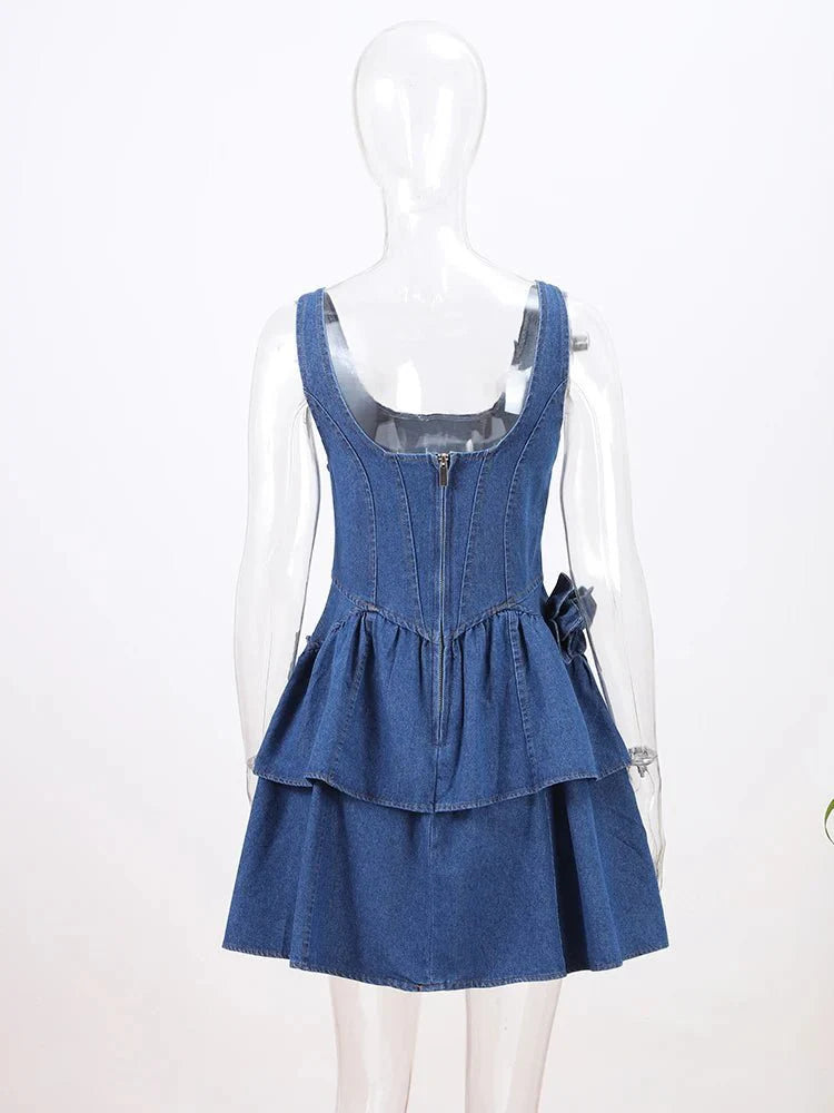 3D Flower Double-layer Denim Dress