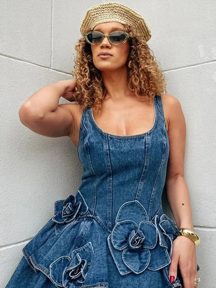 3D Flower Double-layer Denim Dress