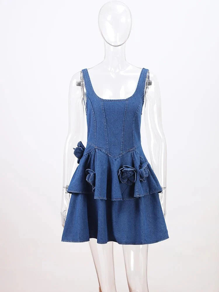 3D Flower Double-layer Denim Dress