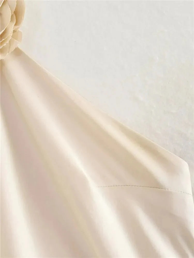 3D Flower Halter Off-the-Shoulder Satin Dress