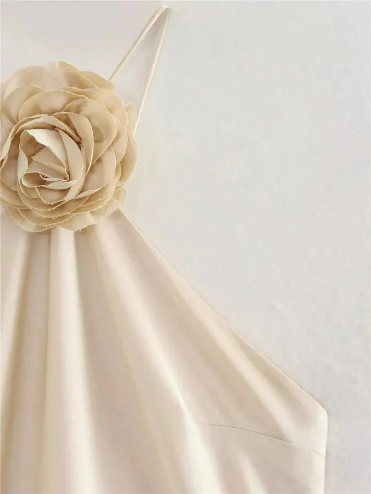 3D Flower Halter Off-the-Shoulder Satin Dress