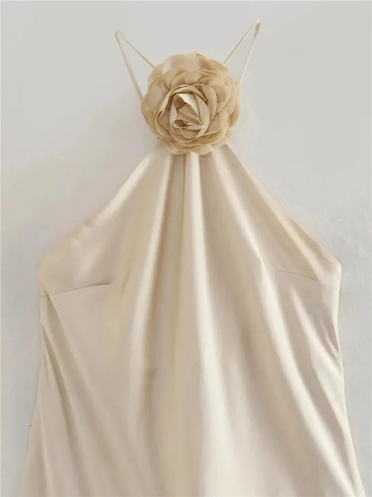 3D Flower Halter Off-the-Shoulder Satin Dress