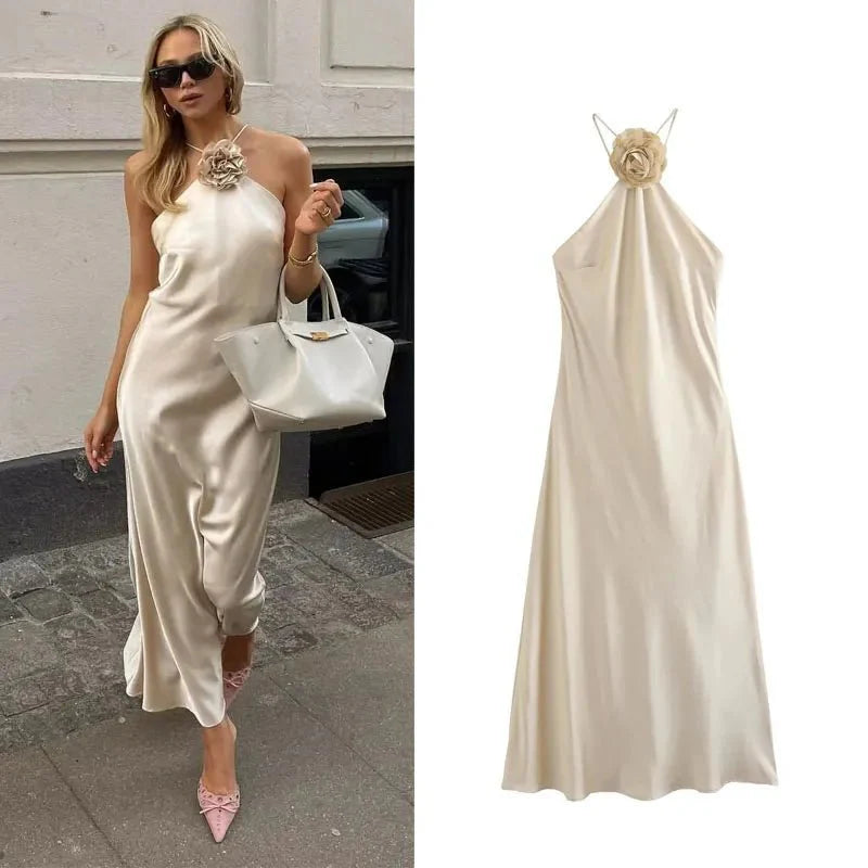 3D Flower Halter Off-the-Shoulder Satin Dress
