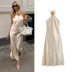 3D Flower Halter Off-the-Shoulder Satin Dress