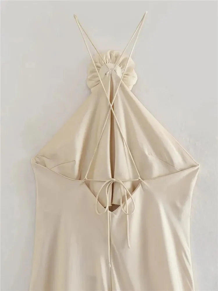 3D Flower Halter Off-the-Shoulder Satin Dress