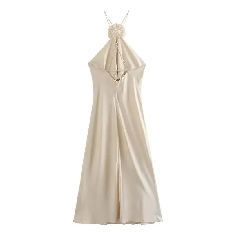 3D Flower Halter Off-the-Shoulder Satin Dress