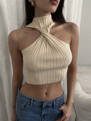 Pydshop Cross-Chest Off-shoulder Knitwear Vest Top For Women Summer Hot Girl Slim Sleeveless Twist Navel Short Top Y2K Pullover