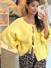 Pydshop Lace Up Knitted Cardigan Top For Women Sexy Cut Out Petal Sleeves Loose Sweater Outwear Female Solid Color Autumn FashionChristmas Gifts