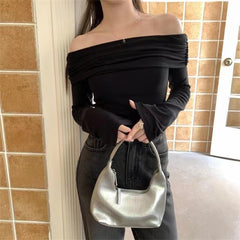 Pydshop Chic Women Sexy Off Shoulder T-shirt Winter Long Sleeve Slim Fit Crop Top Y2K Vintage Harajuku Black Tees Elegant Female Clothes