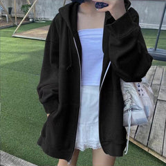 Pydshop Winter Sweatshirt Hoodie Oversize Fleece Hooded Cardigan Black White Women Clothes Solid Zip Up Hoodies Tops Long Sleeves