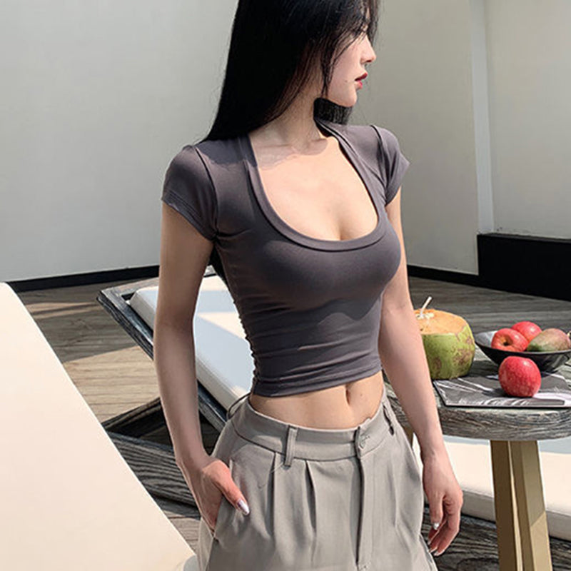 Pydshop 2024 Summer Slim T-Shirt Women Sexy Short Sleeve T Shirt U-Neck Gray Tee Female Solid Basic Black/White Korean Crop Tops Hot Y2k