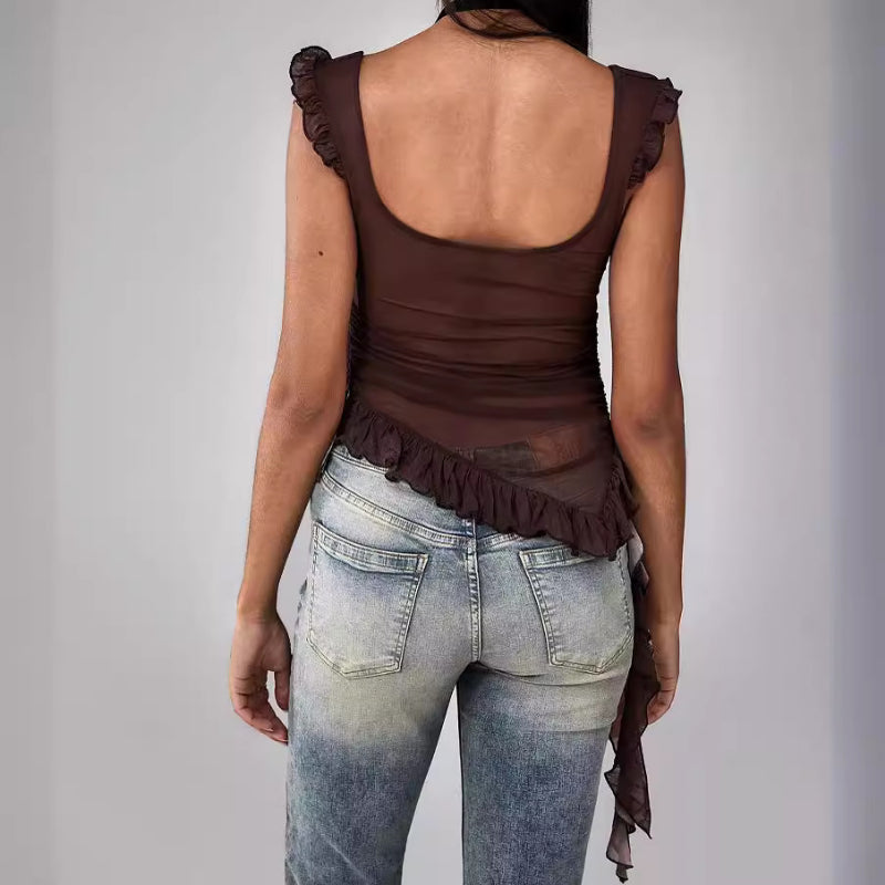 Pydshop TRAUXY Sexy Fungus Side Mesh Tank Top Women's 3D Flower See Through Patchwork Slim Fashion Sleveeless Female Club Party Vestido