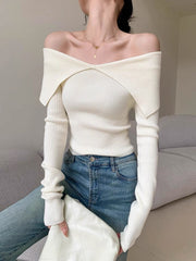 Pydshop Autumn Winter Women Sweaters Casual Long Sleeve Knitted Pullover Sweater Basic Solid Sexy Off Shoulder Crop Top Fashion Clothes