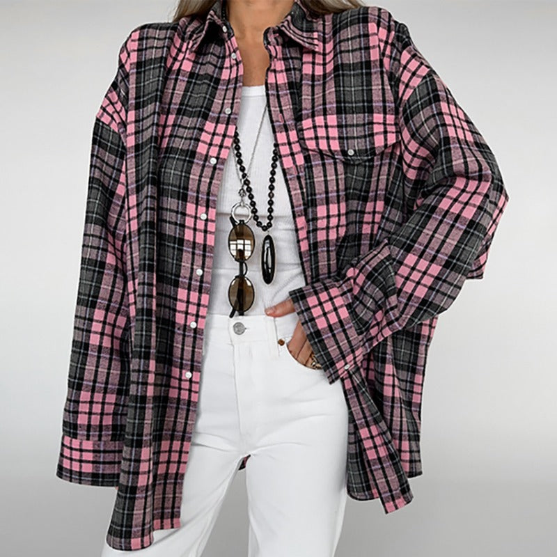 Pydshop Fashion Retro Lattice Loose Shirt For Women Single-Breasted Long Sleeves Contrast Color Top Cardigan Female Autumn NewChristmas Gifts