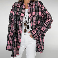 Pydshop Fashion Retro Lattice Loose Shirt For Women Single-Breasted Long Sleeves Contrast Color Top Cardigan Female Autumn NewChristmas Gifts