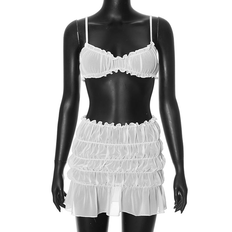 Pydshop Sexy Camisole Top Low Waist Stacked Ruched Skirt  2-Piece Set Solid Color Sleeveless Backless Beach Holiday Summer Outfit