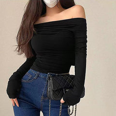 Pydshop Chic Women Sexy Off Shoulder T-shirt Winter Long Sleeve Slim Fit Crop Top Y2K Vintage Harajuku Black Tees Elegant Female Clothes