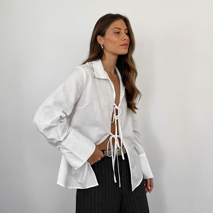 Pydshop Hollow Out Lace Up White Cotton Linen Shirt Women's Long Sleeve Loose Casual Sexy Lapel Cardigan Top Female Summer newChristmas Gifts
